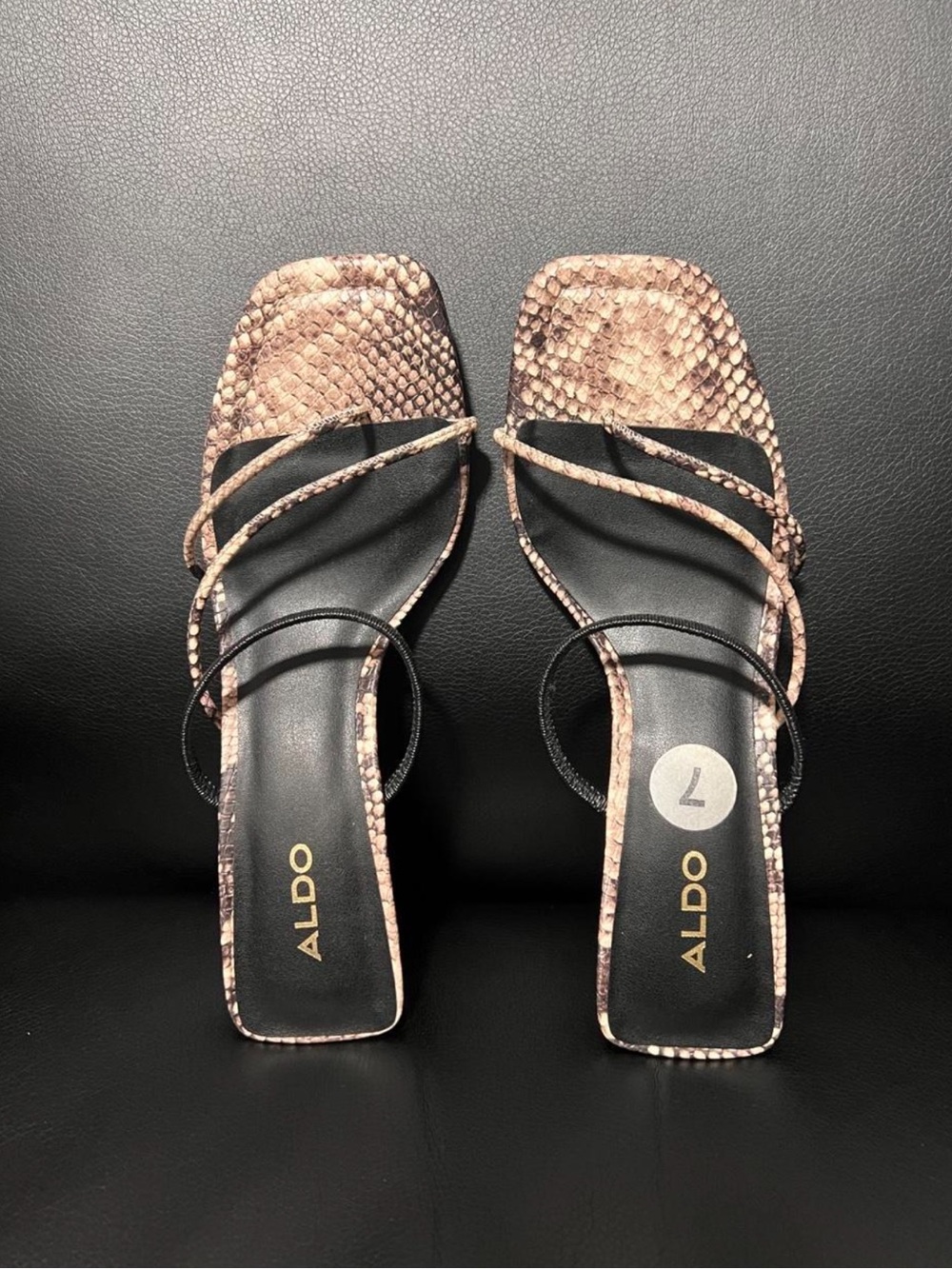 ALDO Snake-Print Strappy Heels in Taupe and Black